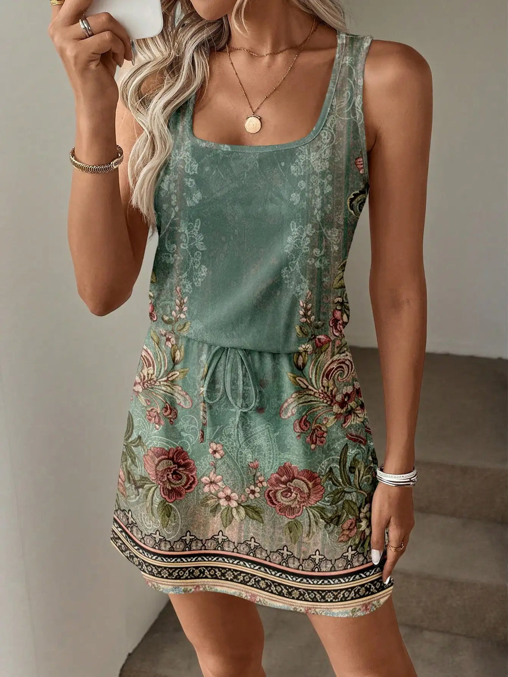 Striped Sleeveless Drawstring Waist Mini Dress with Relaxed Everyday Style