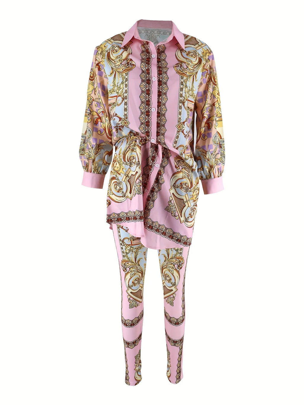 Women's Ornate Print Shirt and Pants Co-Ord Set Casual Elegance