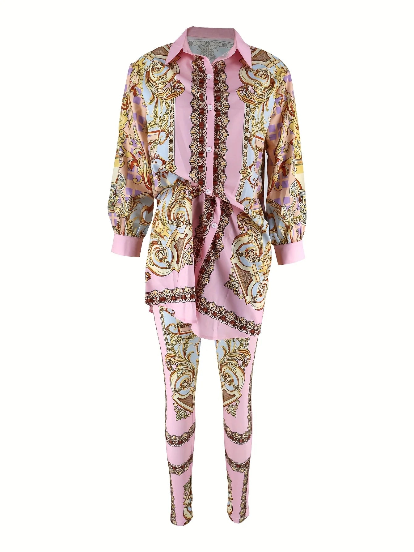 Women's Ornate Print Shirt and Pants Co-Ord Set Casual Elegance