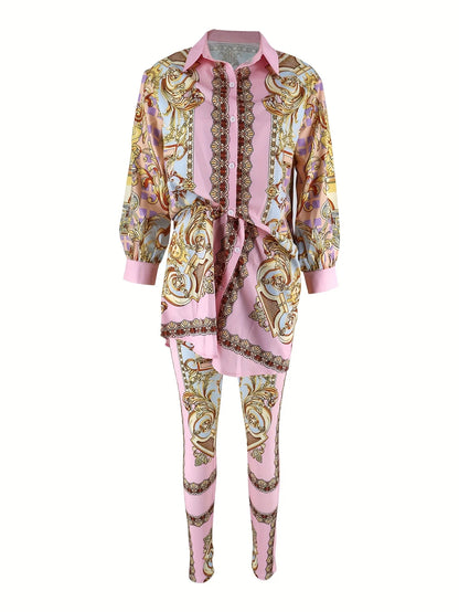 Women's Ornate Print Shirt and Pants Co-Ord Set Casual Elegance
