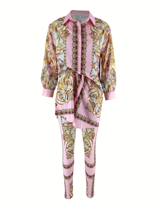 Women's Ornate Print Shirt and Pants Co-Ord Set Casual Elegance