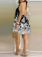 Butterfly Inspired Floral Print Halter Neck Mini Dress With Flowy A-Line Fit
