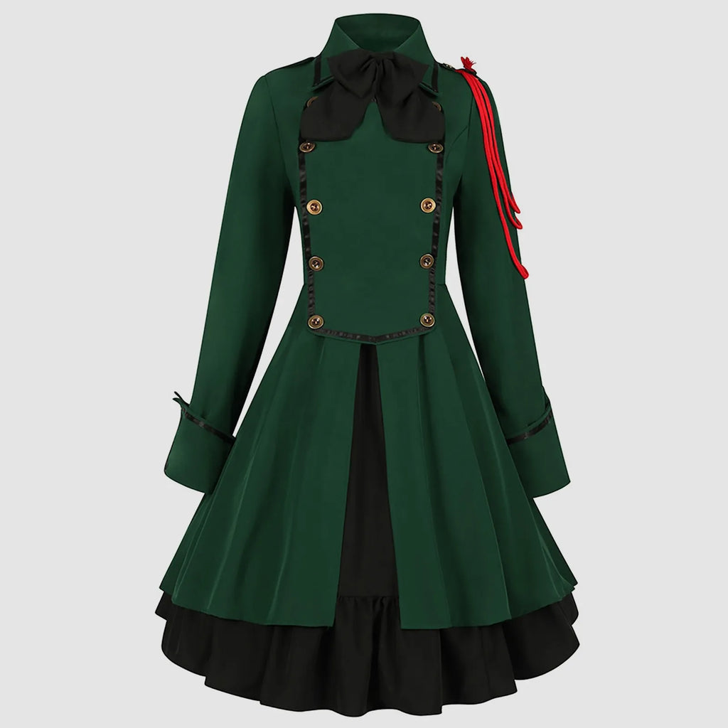 Vintage-Inspired Blue Victorian Coat Dress with Red Shoulder Cording and Bow Collar