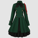 Vintage-Inspired Blue Victorian Coat Dress with Red Shoulder Cording and Bow Collar