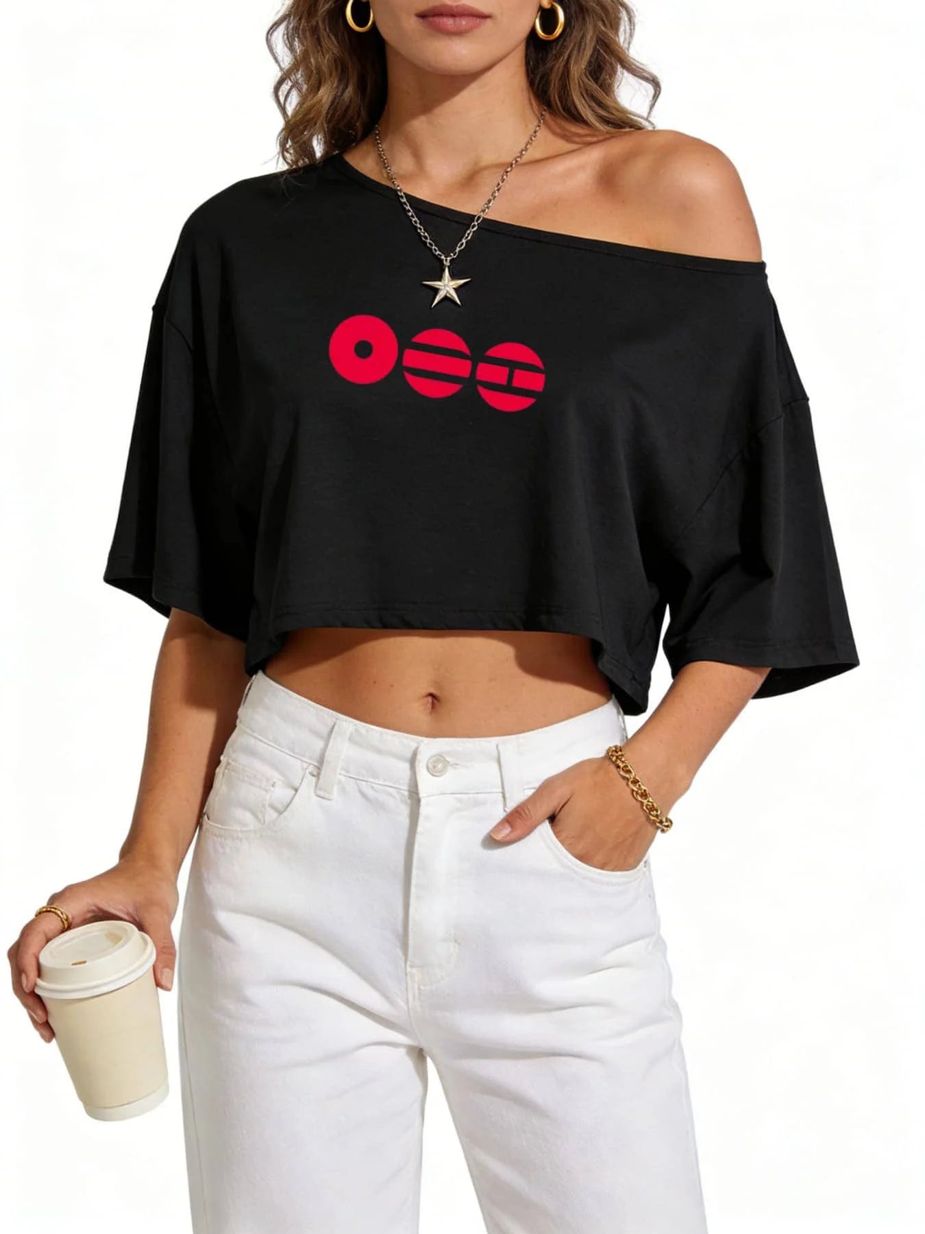 Off Shoulder Graphic Crop Tee with Batwing Sleeves and Relaxed Fit