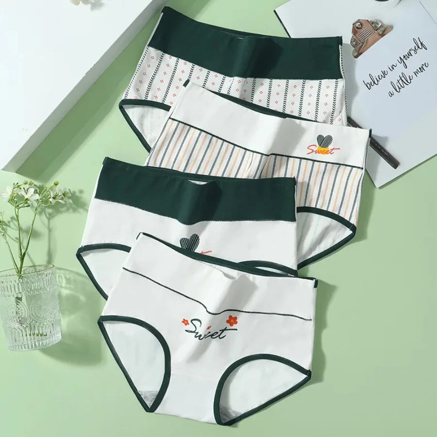 4-Piece Women’s Printed High-Rise Briefs Set with Playful Heart and Floral Motifs, Soft Pink Tones and Feminine Styling
