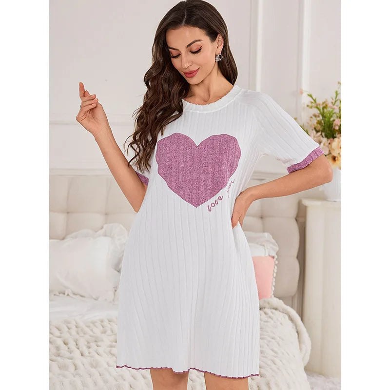 Relaxed Heart-Graphic Sleep Dress with Contrasting Trim