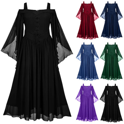 Elegant Gothic Chiffon Maxi Dress with Flowing Bell Sleeves