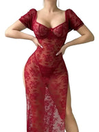 Romantic Sheer Floral Lace Maxi Dress with Dramatic Side Slits