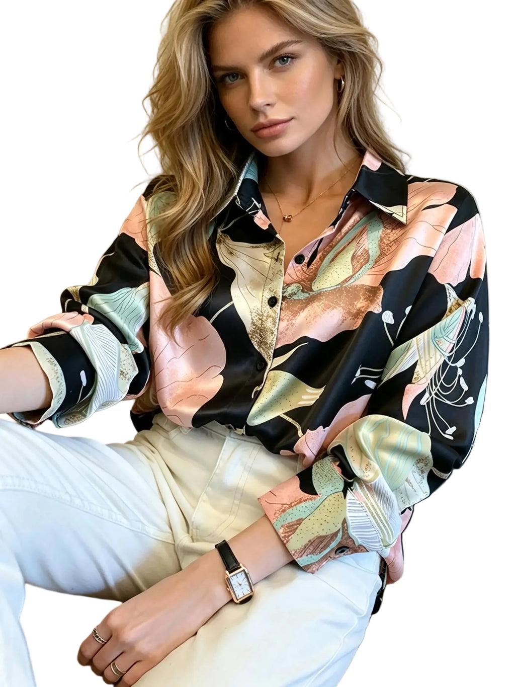 Abstract Retro Art Print Satin Button-Down Shirt with Classic Lapel Collar