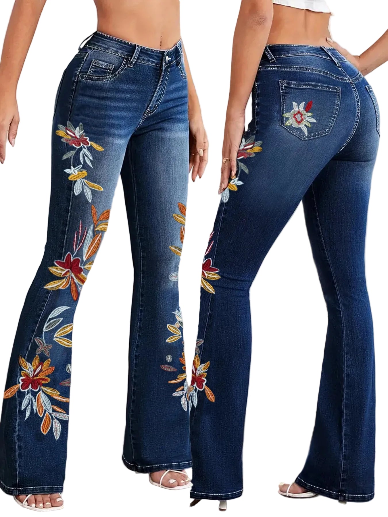 Women's Mid-Rise Floral Embroidered Flare Denim Jeans with Stretch Vintage-Inspired Wide-Leg Silhouette