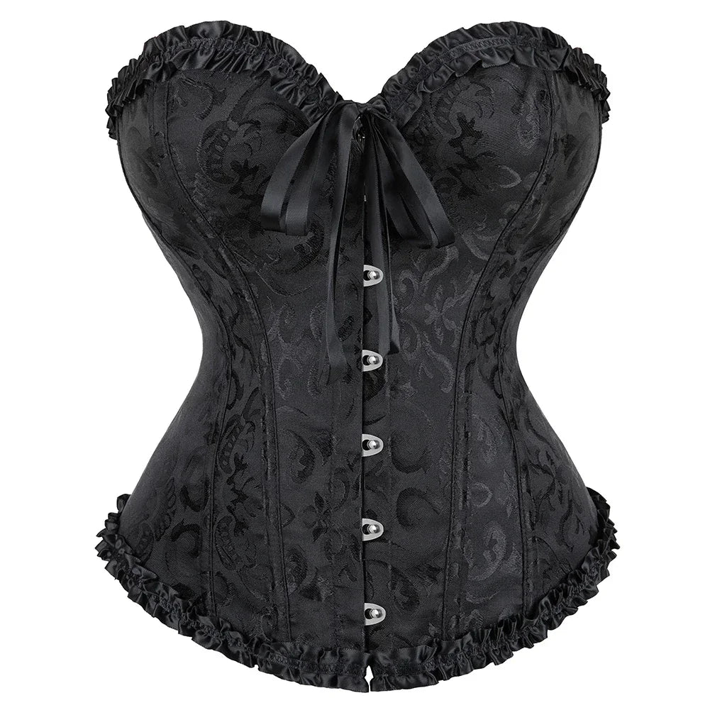 Vintage Floral Jacquard Corset Top with Sweetheart Neckline and Lace-Up Detail