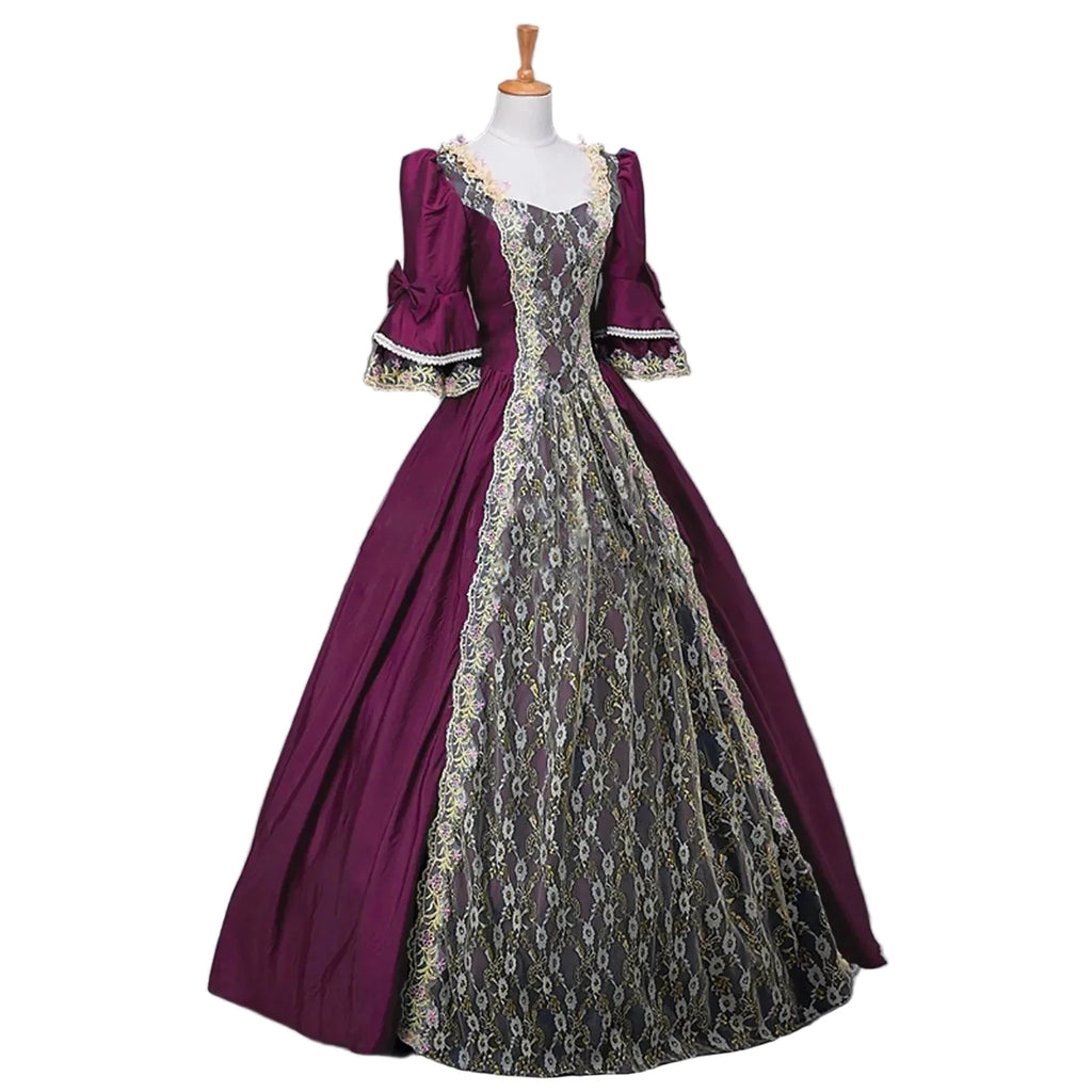 Dramatic Renaissance-Inspired Ball Gown with Ornate Brocade Panel and Flared Sleeves