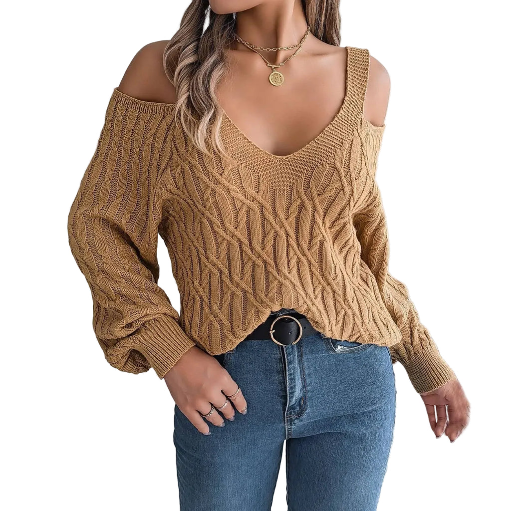 Women's Off Shoulder Cable Knit Sweater with Relaxed V Neck Silhouette