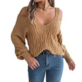 Women's Off Shoulder Cable Knit Sweater with Relaxed V Neck Silhouette