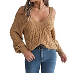 Women's Off Shoulder Cable Knit Sweater with Relaxed V Neck Silhouette