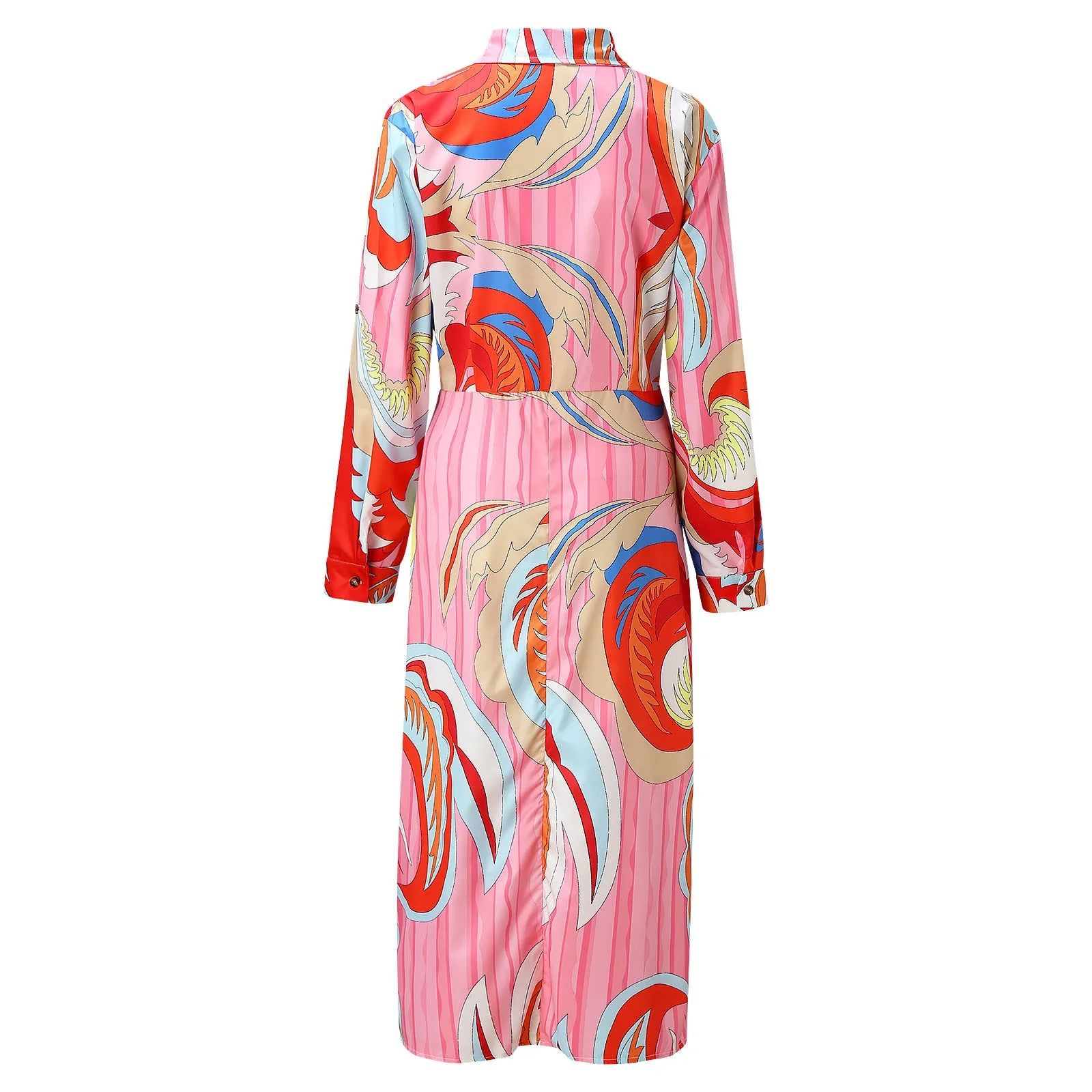Abstract Print Maxi Dress with Belted Waist and Long Sleeves