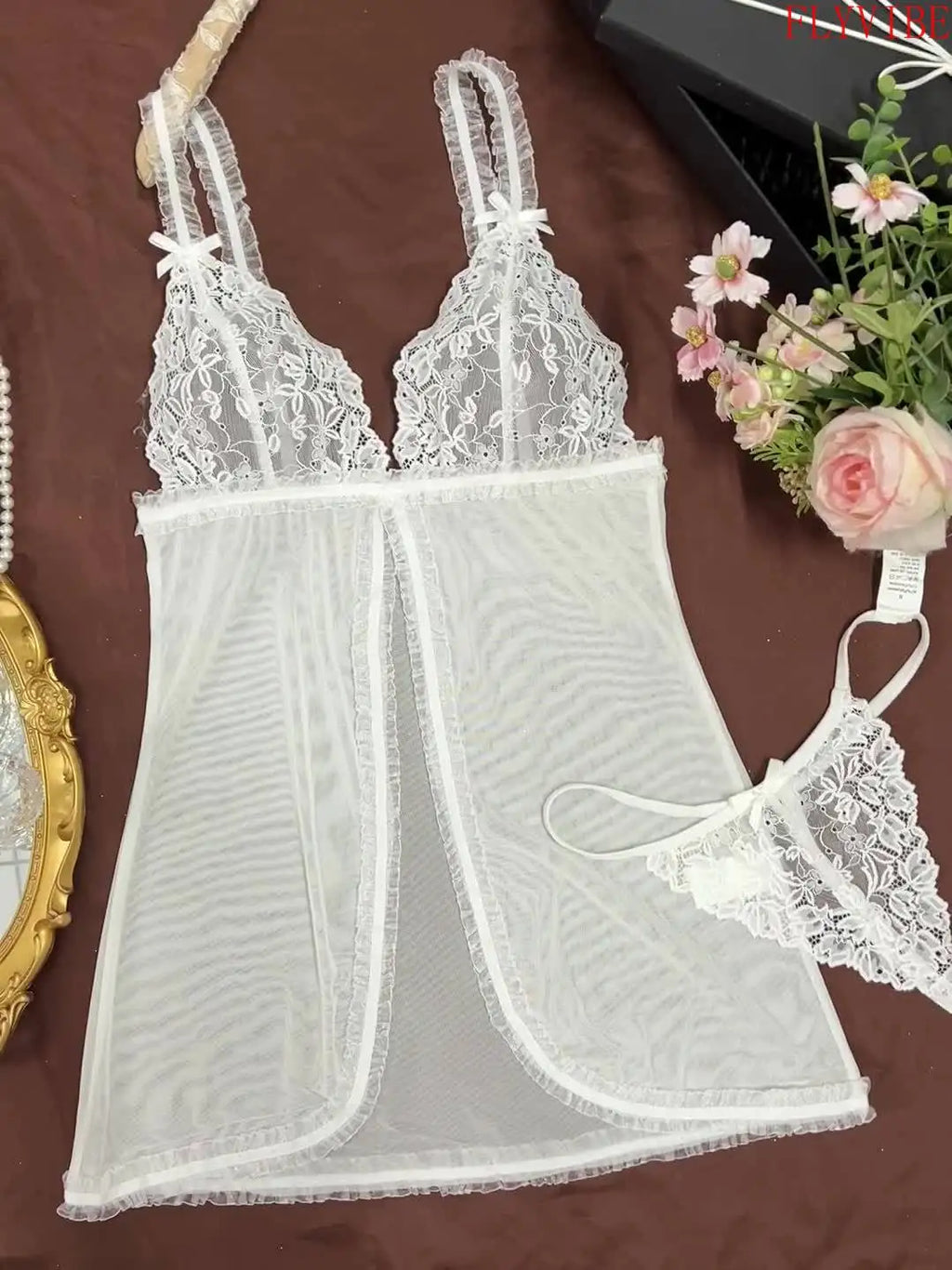 White Sheer Lace Camisole and Thong Lingerie Set with Delicate Straps, Floral Lace Detailing and Split-Hem Silhouette
