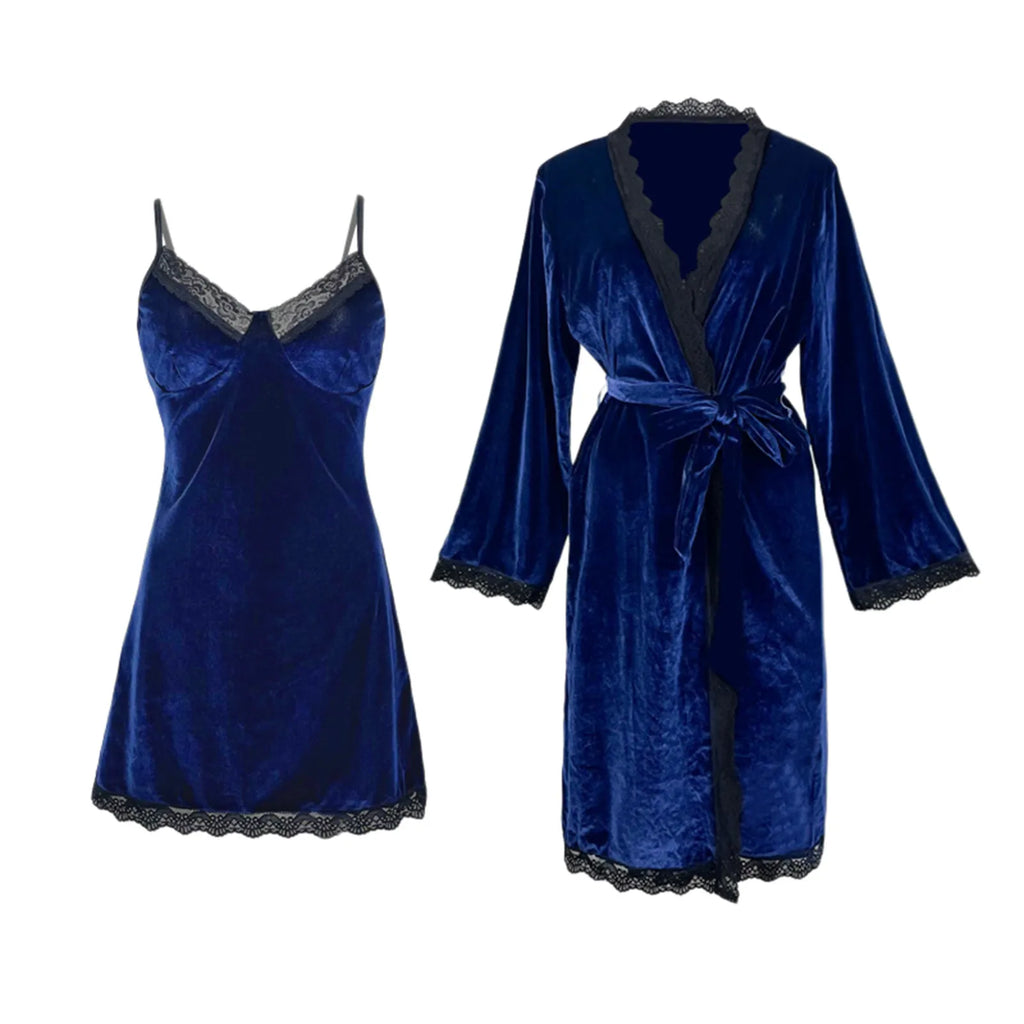 Romantic Navy Blue Velvet-Finish Two-Piece Sleepwear Set with Black Lace Trim