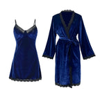 Romantic Navy Blue Velvet-Finish Two-Piece Sleepwear Set with Black Lace Trim