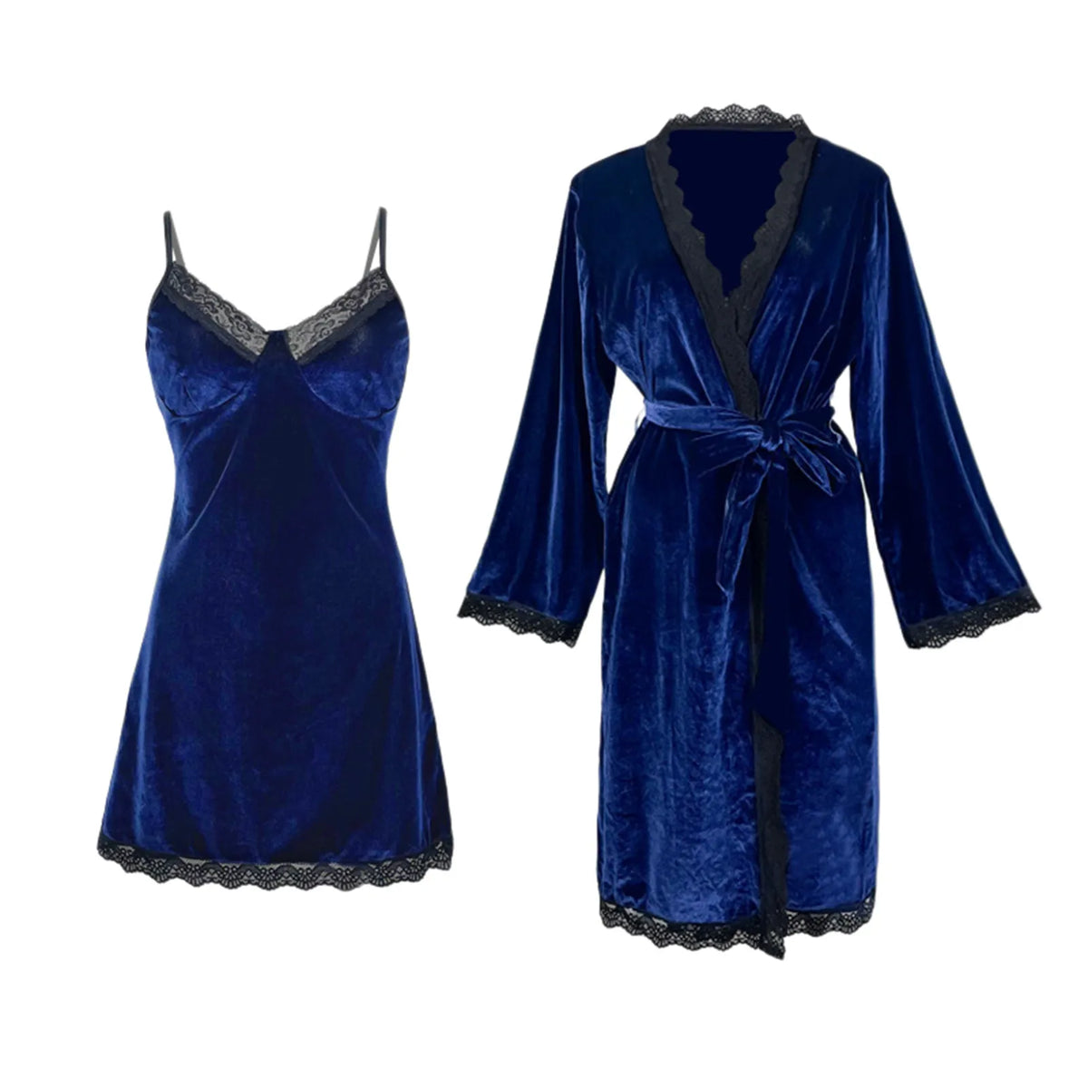 Romantic Navy Blue Velvet-Finish Two-Piece Sleepwear Set with Black Lace Trim