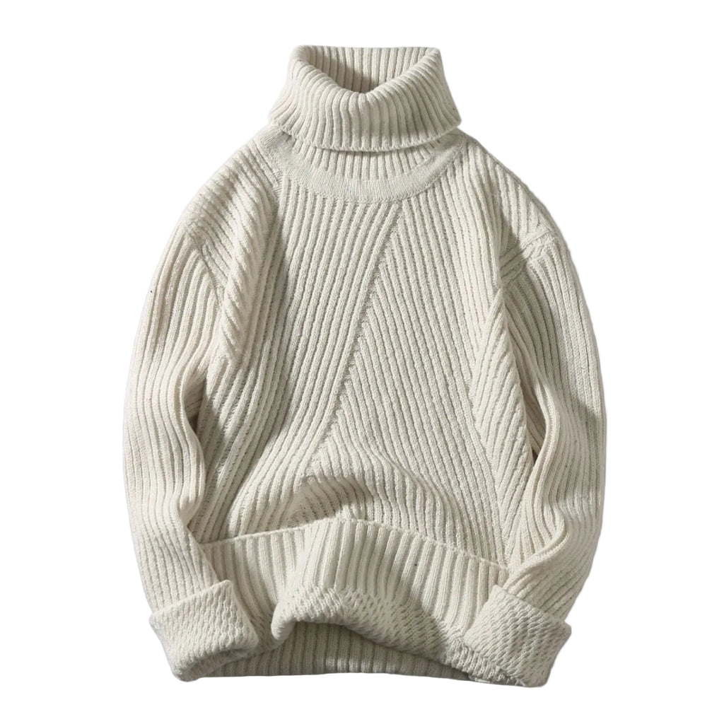 Unisex Ribbed Turtleneck Knit Pullover Sweater With Relaxed Minimalist Silhouette