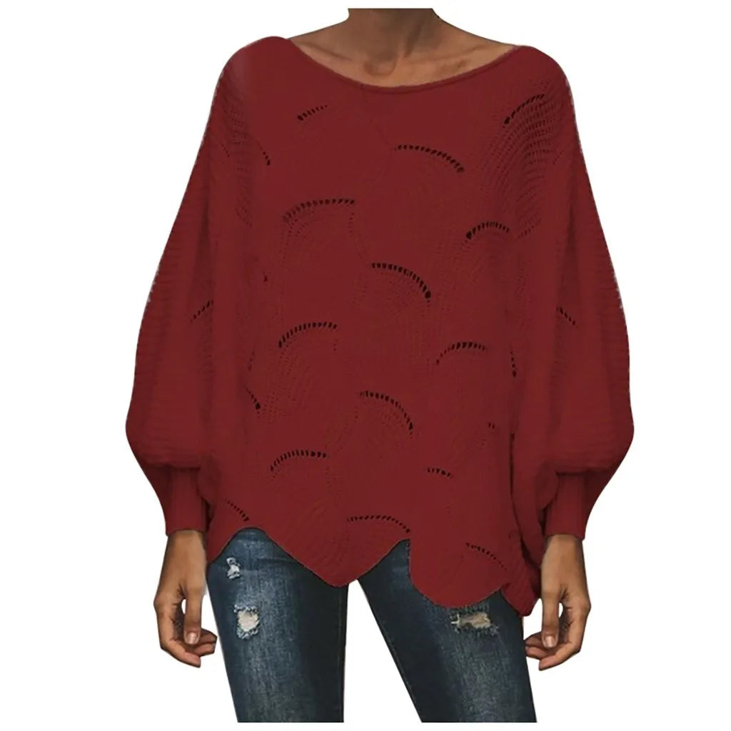 Women's Textured Knit Sweater with Cutout Pattern and Irregular Hem Design