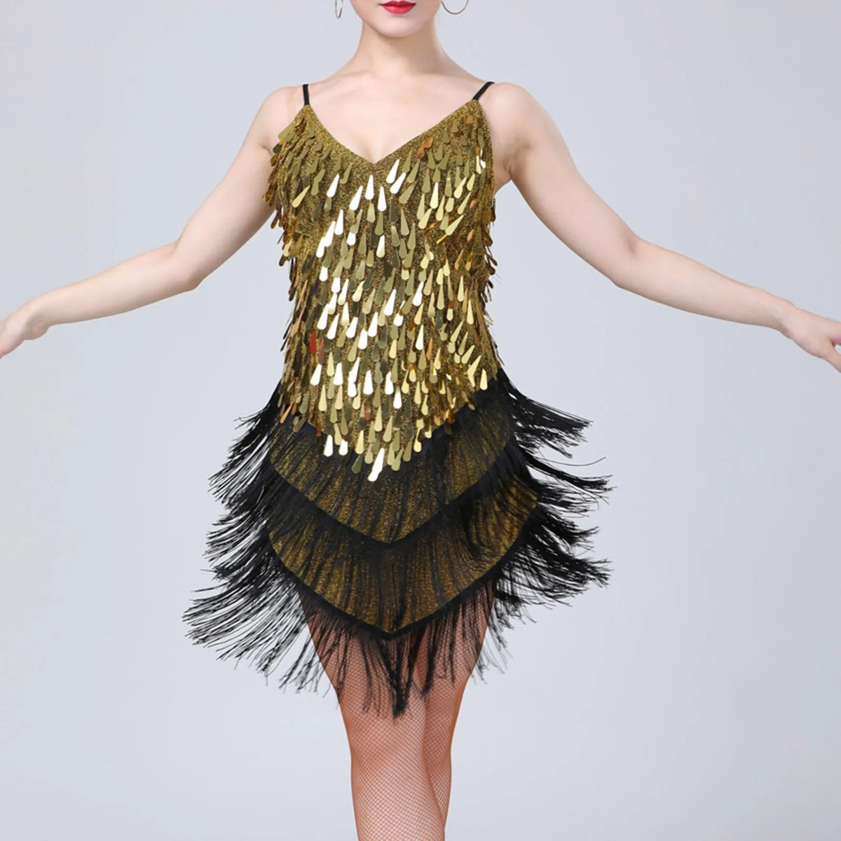 Dazzling White Sequin and Tassel Fringe Mini Dress with V-Neckline