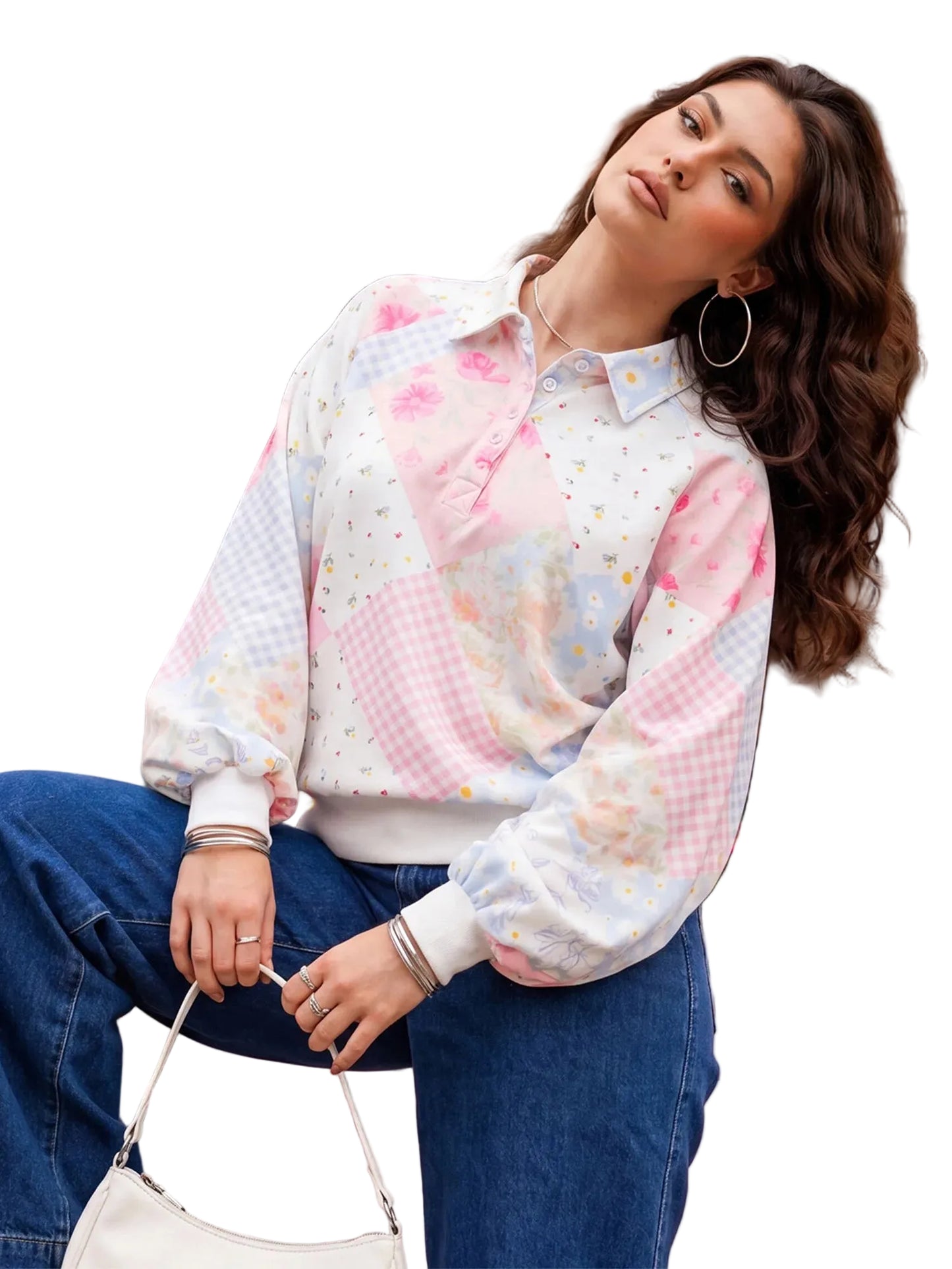 Women's Floral Print Quarter Button Pullover with Relaxed Fit for Casual Everyday Style