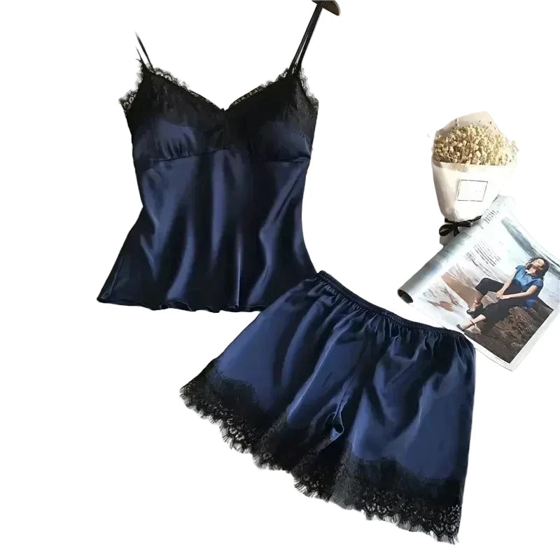 Women's Lace-Trim Satin-Look Pajama Set with V-Neck Camisole Top and Matching Shorts, Sleeveless Two-Piece Nightwear