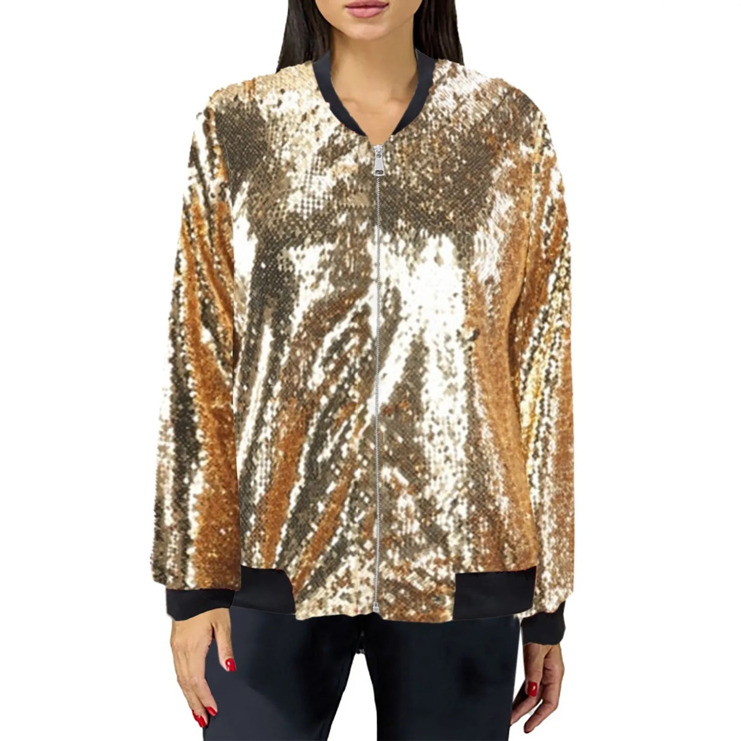 Women's Sequin Zip-Up Bomber Jacket with Contemporary Statement Streetwear Party Style