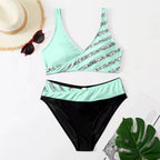 Women's Black Striped Two-Piece Bikini Set with Shiny Print, Strappy Crop Top and Low-Rise Swim Bottom