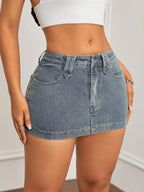 Washed Denim Bodycon Mini Skirt with Front Pockets and Slim Fit