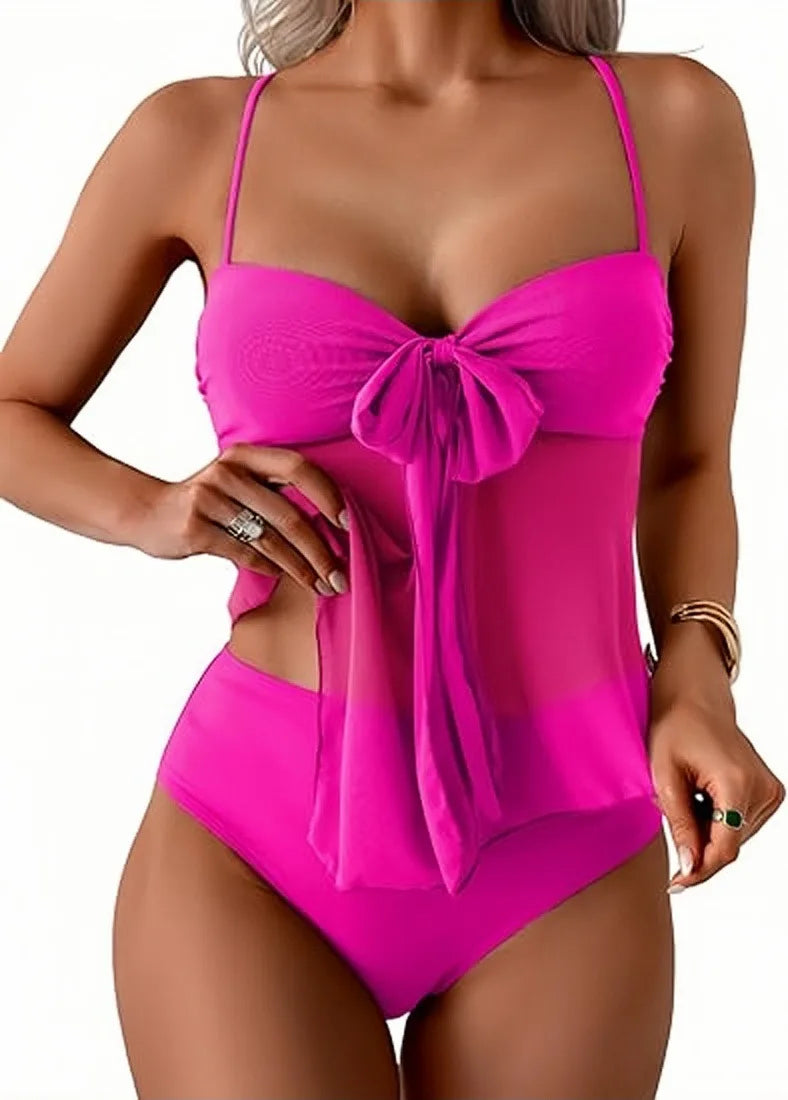 Earthy Brown Chiffon Bow Tankini Set with High-Waisted Bottoms