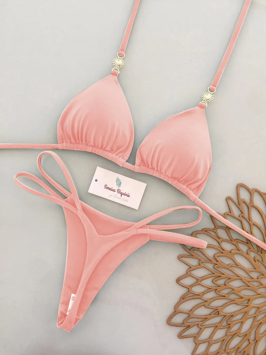 Rich Burgundy Triangle Bikini Set with Double-Strap Tie Details and Gold Accents