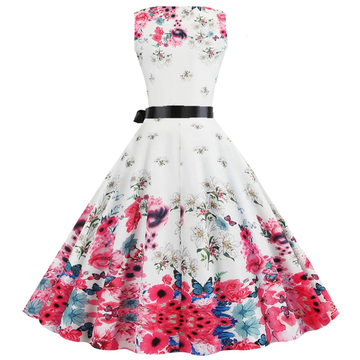 Vintage Floral Print Sleeveless Rockabilly Inspired Alternative Swing Midi Dress - BigCat Streetwear