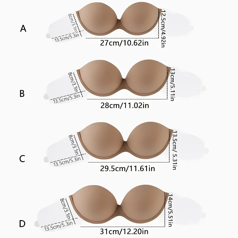 Invisible Self-Adhesive Push-Up Bra with Strapless Open-Back Design, Removable Styling and Seamless Silicone Support