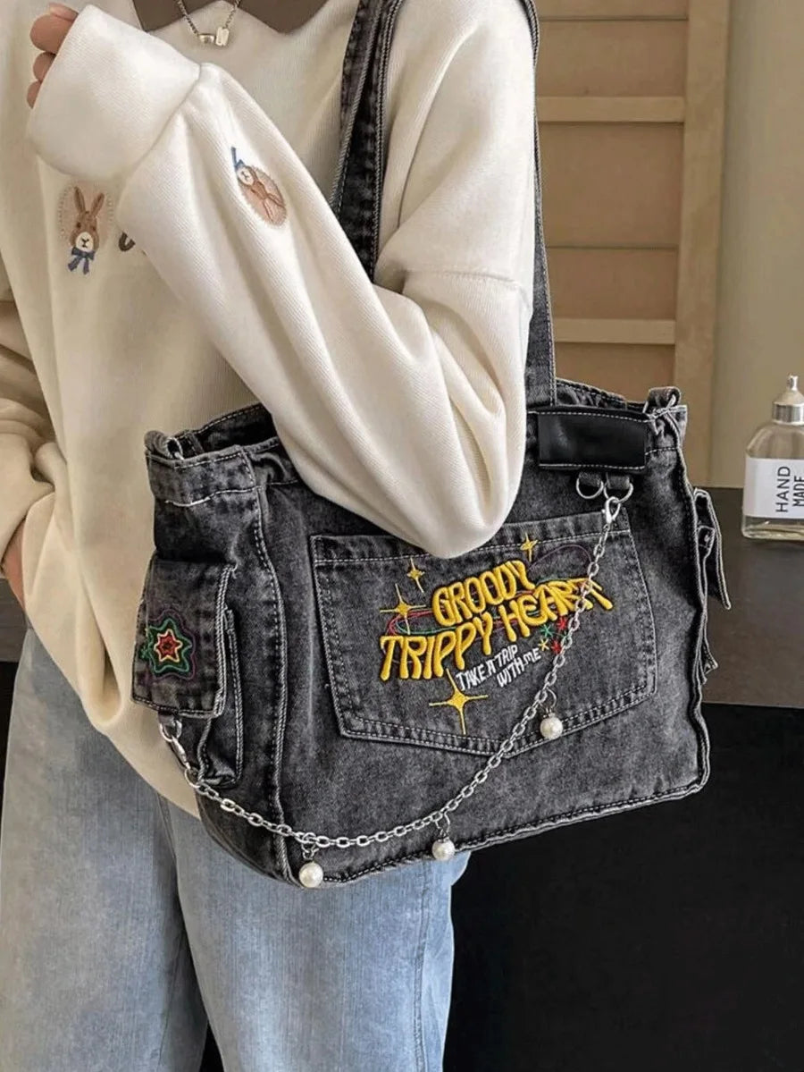 Denim Tote Shoulder Bag with Embroidered Graphic Accent Design