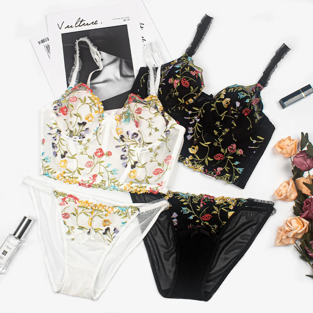 Colorful Floral Embroidery Longline Corset Bra and Panty Set