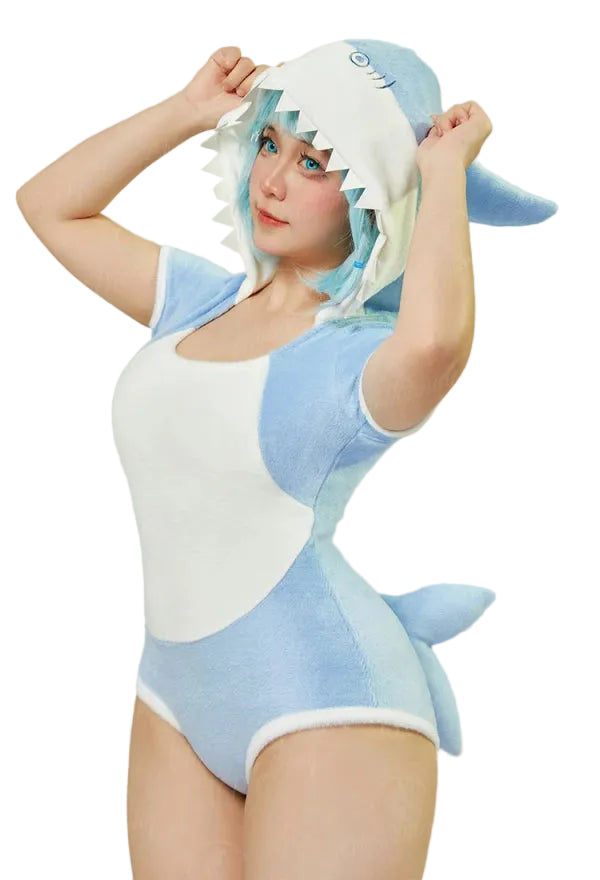 Women's Hooded Plush Romper with Shark-Inspired Design, Tail and Cozy One-Piece Fit