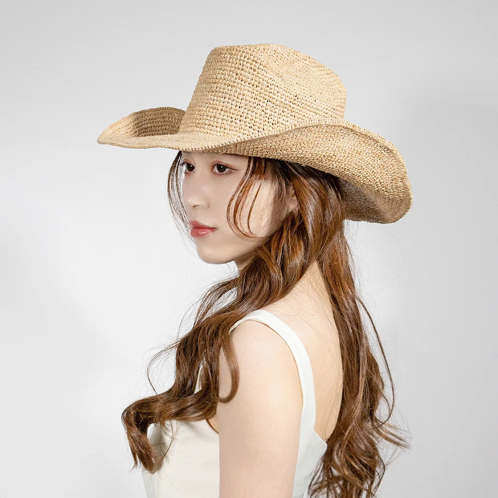 Unisex Handwoven Raffia Cowboy Hat with Wide Brim for Beach and Outdoor Summer Style