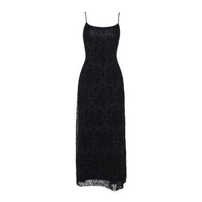 Dark Romantic Gothic Lace Maxi Dress with Delicate Strap Design