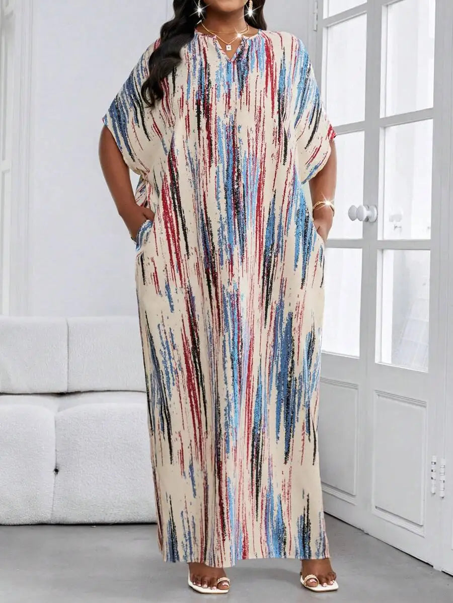 Abstract Print Batwing Sleeve Maxi Dress with Relaxed Flowing Silhouette