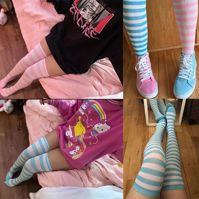 Striped Over-the-Knee Socks with Stretch Knit Design for Everyday Streetwear and Y2K Styling