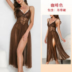 Ethereal White Lace Maxi Nightgown with Plunging Neckline and Dramatic Double-Slit Skirt