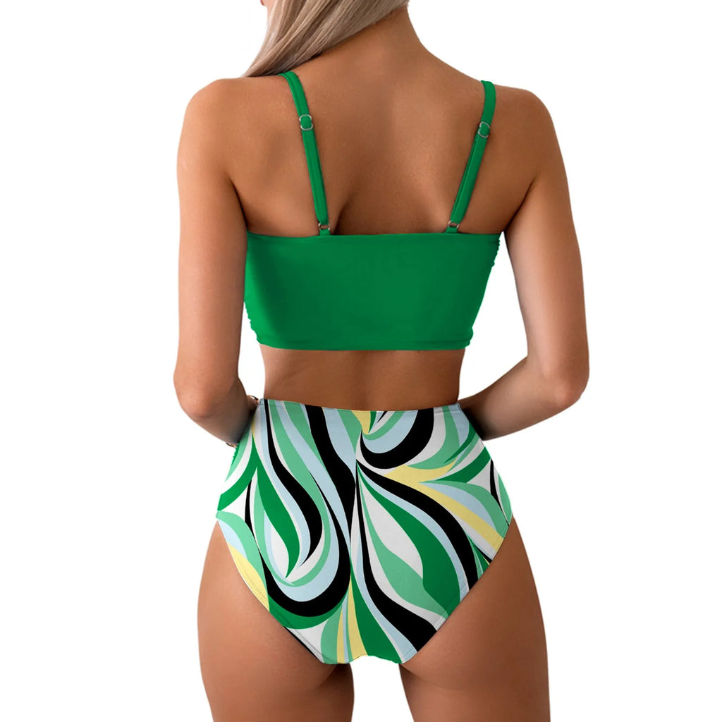 Women's Black Tie-Front Bikini Set with Printed High-Waisted Bottom, Adjustable Halter Styling and Two-Piece Beachwear