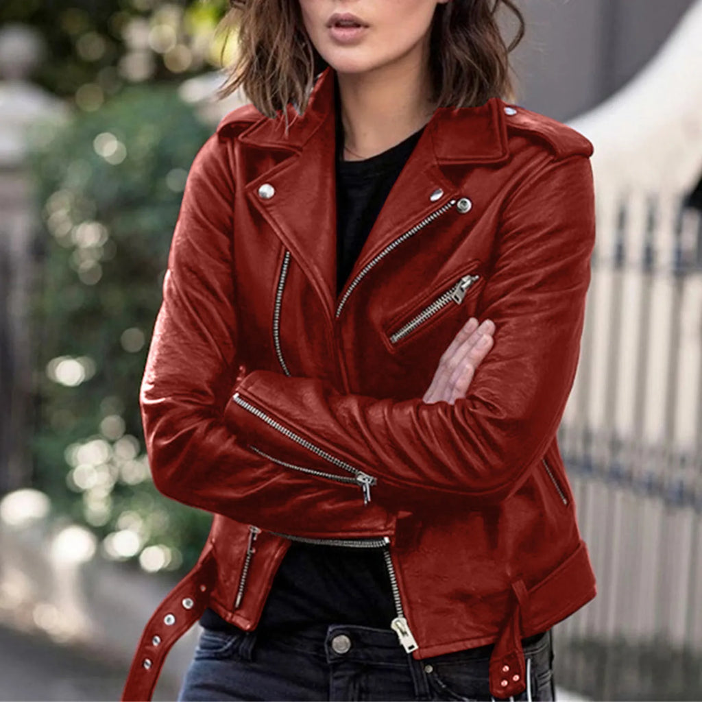 Women's Cropped Faux Leather Moto Jacket with Belted Waist Contemporary Streetwear Style