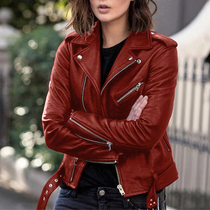 Women's Cropped Faux Leather Moto Jacket with Belted Waist Contemporary Streetwear Style