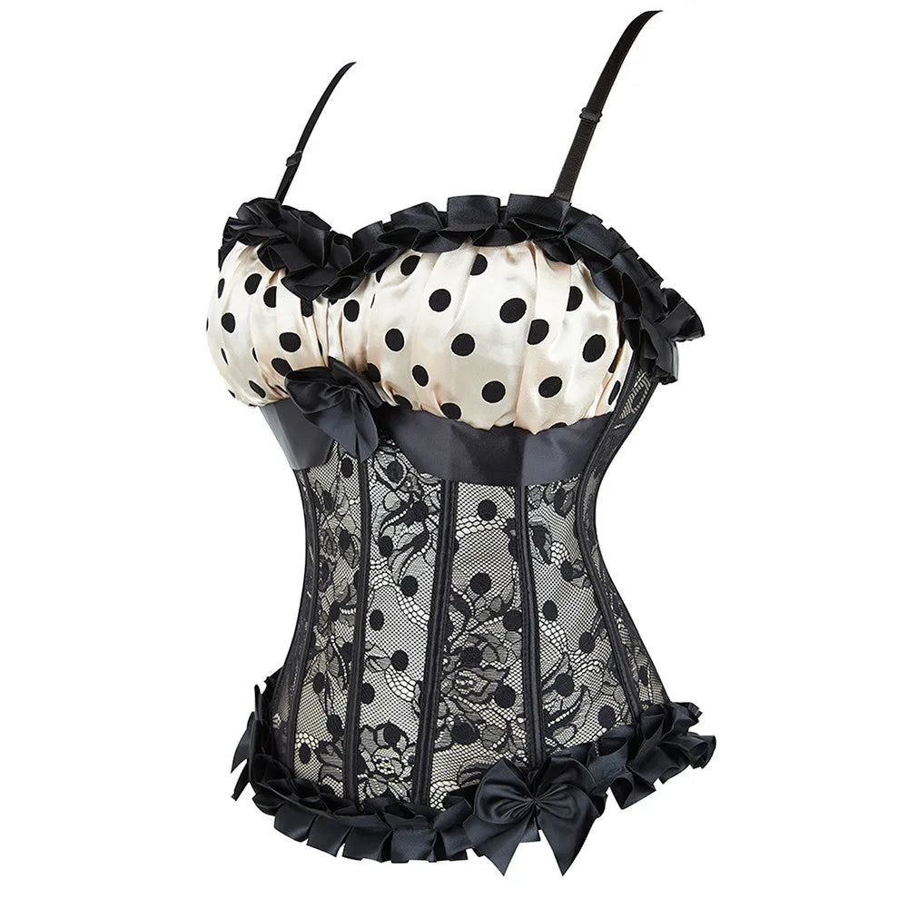 Polka Dot Mesh Corset Bustier Top with Structured Cups and Adjustable Straps