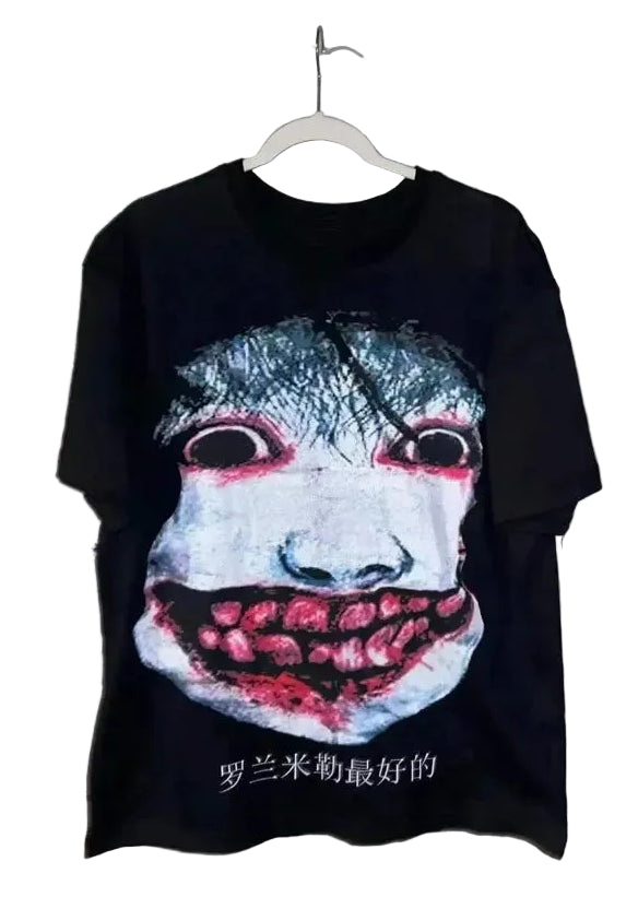 Dark Anime Goth Horror Graphic Shirt with Distressed Manga Artwork